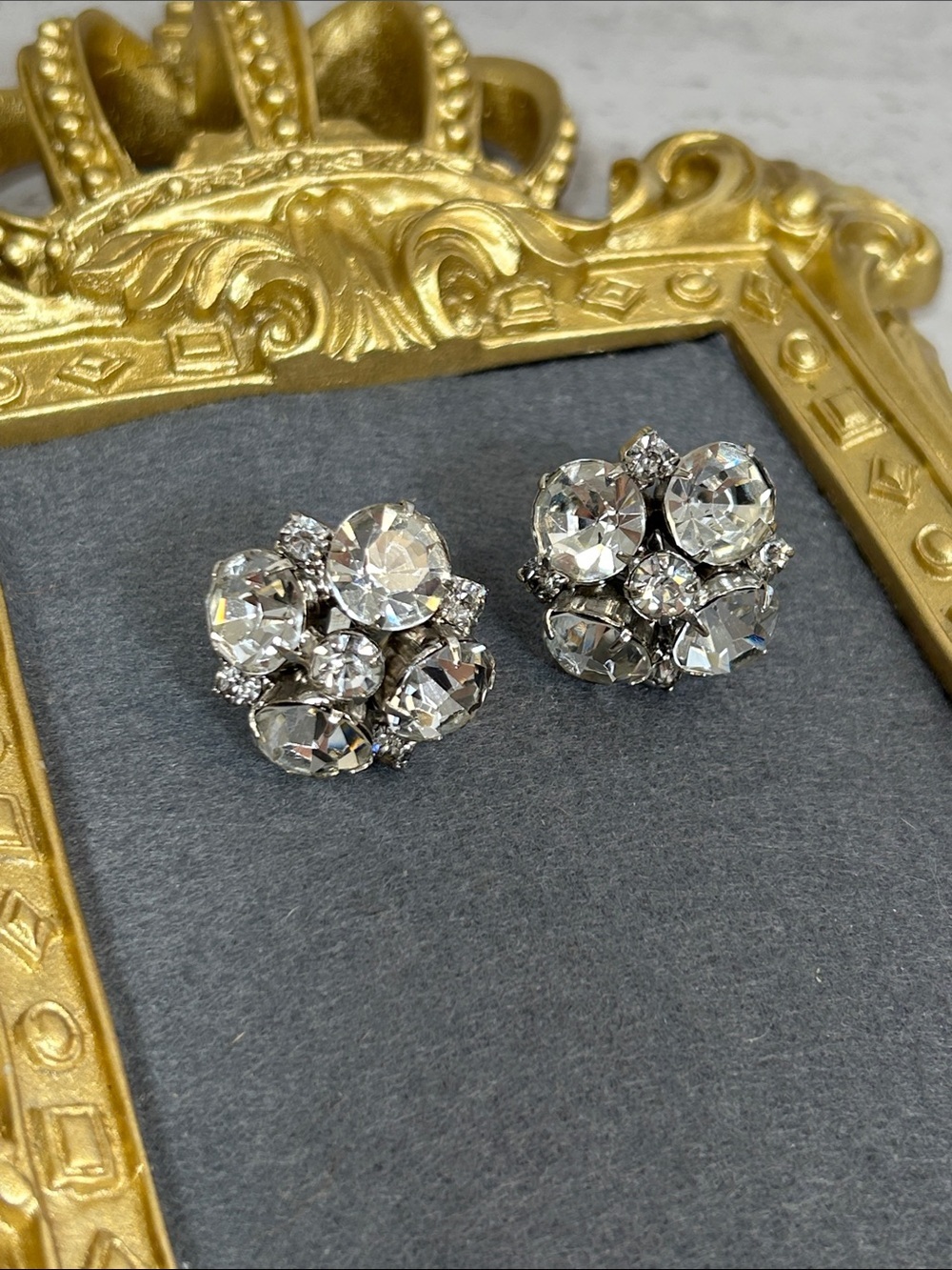 Vintage Old Hollywood Clear Crystal Cluster Clip-On Earrings